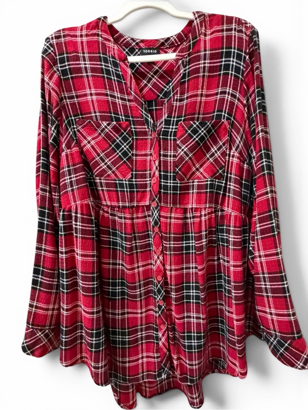 Torrid Size 1 Red Black Plaid Button-Front Babydoll Tunic Blouse